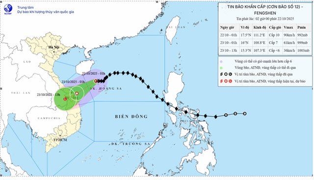 Tin bão khẩn cấp (Cơn bão số 12 - Tin phát lúc 02h00 ngày 22/10/2025)