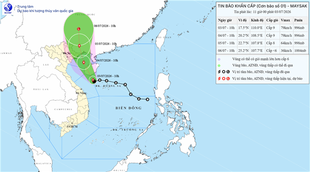 Tin bão khẩn cấp (Cơn bão số 01) (Tin phát lúc 11h00 ngày 03/07/2026)