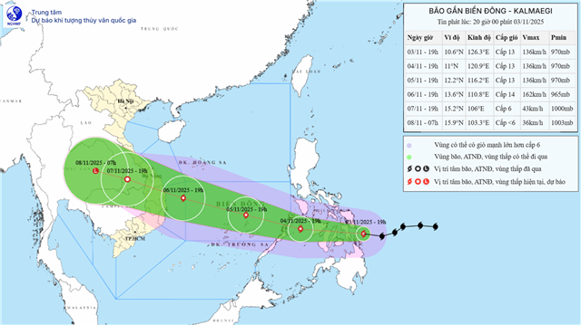 Tin bão gần biển Đông - Cơn bão KALMAEGI (Tin phát lúc 20h00 ngày 03/11/2025)