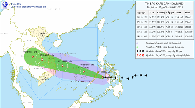 Tin bão khẩn cấp - Cơn bão KALMAEGI (Tin phát lúc 17h00 ngày 04/11/2025)