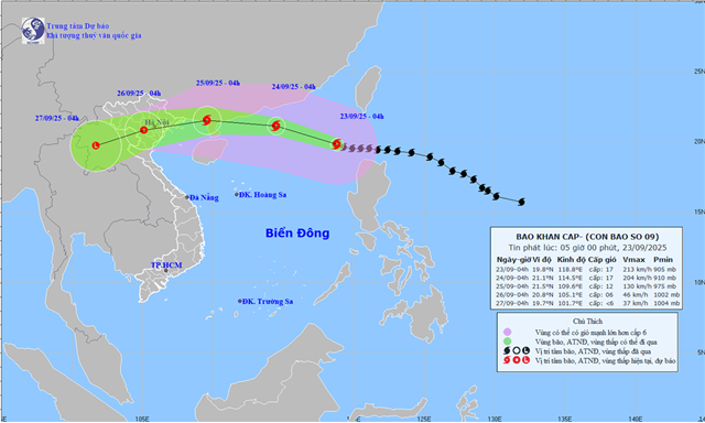 Tin bão khẩn cấp (Cơn bão số 9 - Tin phát lúc 05h00 ngày 23/9/2025)