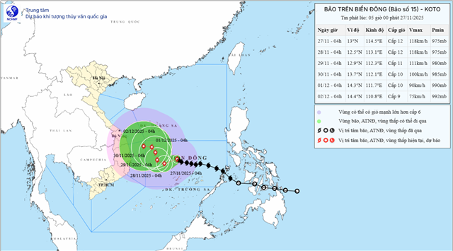 Tin bão trên biển Đông ( Cơn bão số 15 - Tin phát lúc 05h00 ngày 27/11/2025)