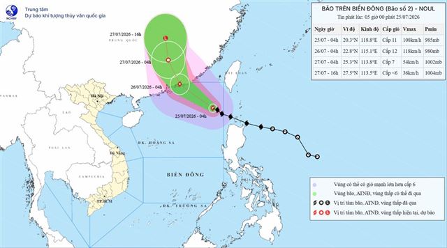 Tin bão trên biển Đông - Cơn bão số 2 (Tin phát lúc 05h00 ngày 25/07/2026)