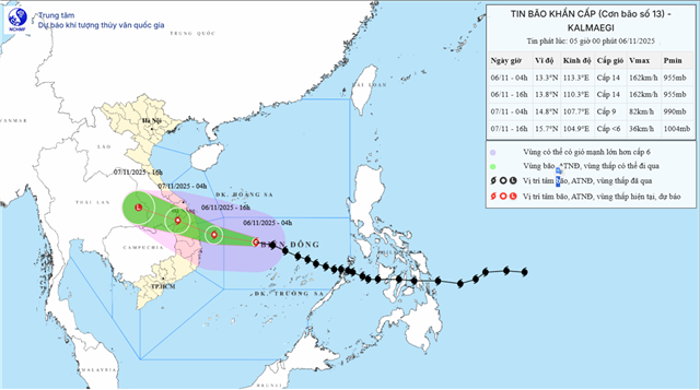 Tin bão khẩn cấp - Cơn bão số 13 (Tin phát lúc 05h00 ngày 06/11/2025)