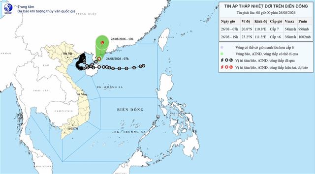 Tin áp thấp nhiệt đới trên biển Đông (suy yếu từ cơn bão số 4) (Tin phát lúc 08h00 ngày 26/08/2026)