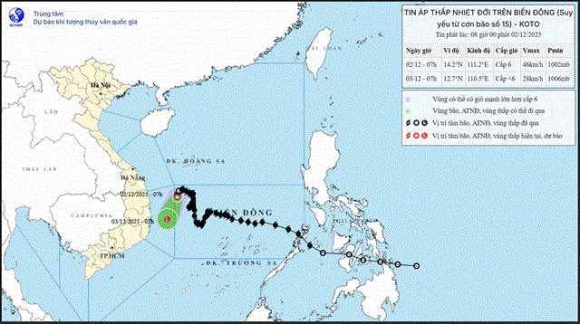 Tin áp thấp nhiệt đới trên biển đông (suy yếu từ Cơn bão số 15 - Tin phát lúc 08h00 ngày 02/12/2025)