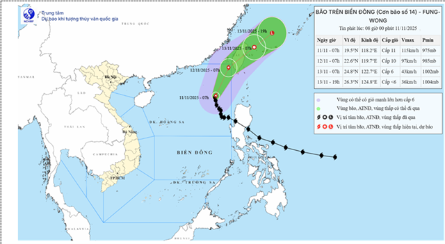 Tin bão trên biển Đông ( Cơn bão số 14 - Tin phát lúc 08h00 ngày 11/11/2025)
