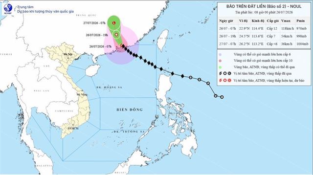 Tin bão trên đất liền - Cơn bão số 2 (Tin phát lúc 08h00 ngày 26/07/2026)