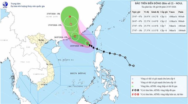 Tin bão trên biển Đông - Cơn bão số 2 (Tin phát lúc 08h00 ngày 25/07/2026)