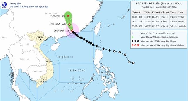 Tin bão trên đất liền - Cơn bão số 2 (Tin phát lúc 11h00 ngày 26/07/2026)
