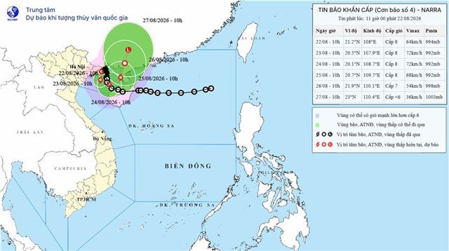 Tin bão khẩn cấp (Cơn bão số 4) (Tin phát lúc 11h00 ngày 22/08/2026)