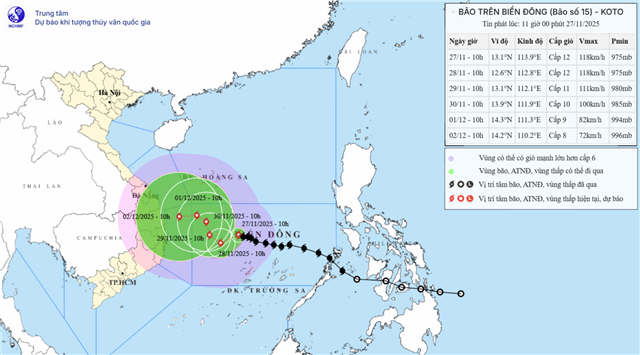 Tin bão trên biển Đông ( Cơn bão số 15 - Tin phát lúc 11h00 ngày 27/11/2025)