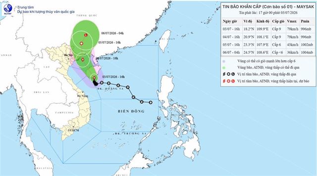 Tin bão khẩn cấp (Cơn bão số 01) (Tin phát lúc 17h00 ngày 03/07/2026)