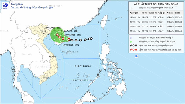 Tin áp thấp nhiệt đới trên biển Đông (Tin phát lúc 20h00 ngày 19/8/2026)