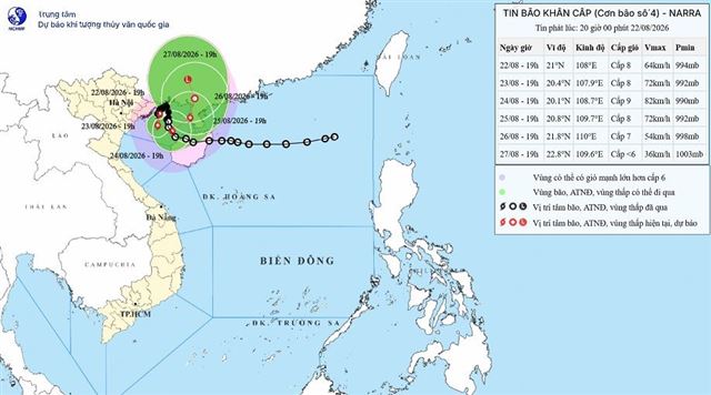 Tin bão khẩn cấp (Cơn bão số 4) (Tin phát lúc 20h00 ngày 22/08/2026)