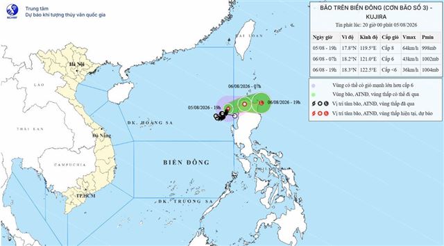 Tin bão trên biển Đông (Cơn bão số 3) (Tin phát lúc 20h00 ngày 05/08/2026)