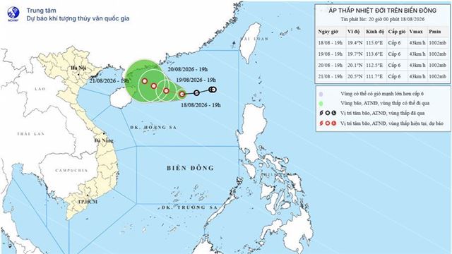 Tin áp thấp nhiệt đới trên biển Đông (Tin phát lúc 20h00 ngày 18/08/2026)