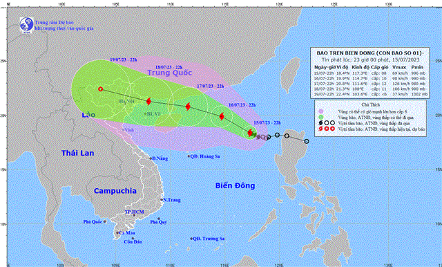 Tin bão trên Biển Đông (Cơn bão số 1) (Tin phát lúc 23h00 ngày 15/7/2023)