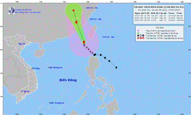 Tin bão trên Biển Đông (Cơn bão số 02) (Tin phát lúc 20h00 ngày 27/07/2023)