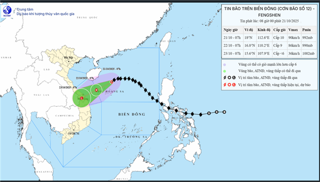 Tin bão trên biển Đông (Cơn bão số 12 - Tin phát lúc 08h00 ngày 21/10/2025)