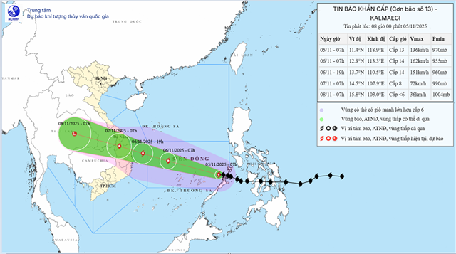 Tin bão khẩn cấp - Cơn bão số 13 (Tin phát lúc 08h00 ngày 05/11/2025)
