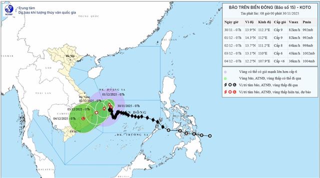 Tin bão trên biển Đông ( Cơn bão số 15 - Tin phát lúc 08h00 ngày 30/11/2025)
