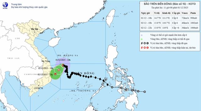 Tin bão trên biển Đông ( Cơn bão số 15 - Tin phát lúc 11h00 ngày 01/12/2025)