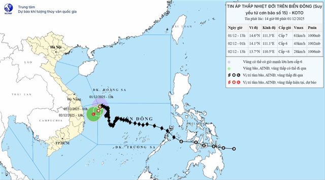 Tin áp thấp nhiệt đới trên biển Đông (Suy yếu từ cơn bão số 15) (Tin phát lúc 14h00 ngày 01/12/2025)