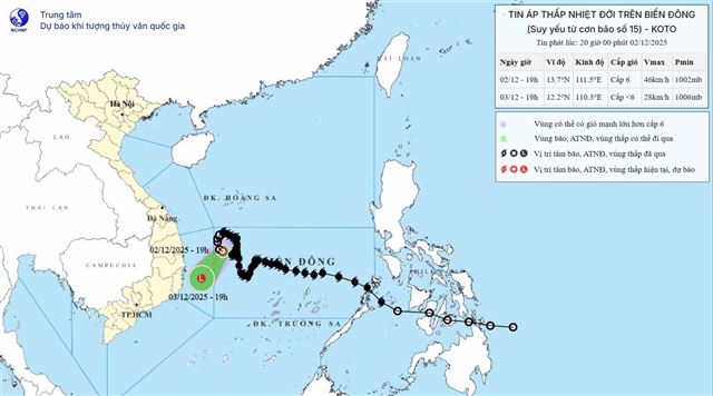 Tin áp thấp nhiệt đới trên biển đông (suy yếu từ Cơn bão số 15 - Tin phát lúc 20h00 ngày 02/12/2025)