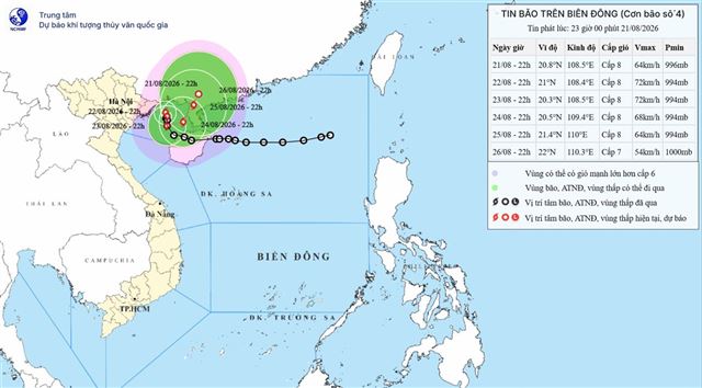 Tin bão trên biển Đông (Cơn bão số 4) (Tin phát lúc 23h00 ngày 21/08/2026)
