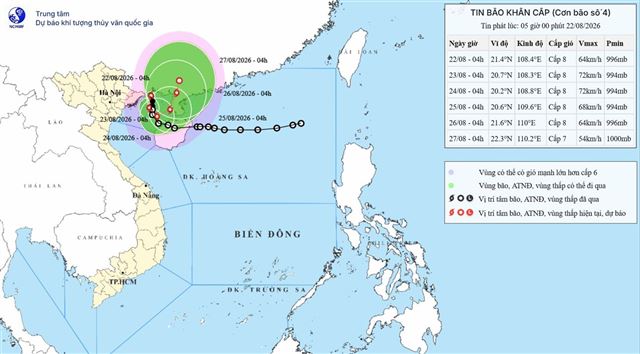 Tin bão khẩn cấp (Cơn bão số 4) (Tin phát lúc 05h00 ngày 22/08/2026)