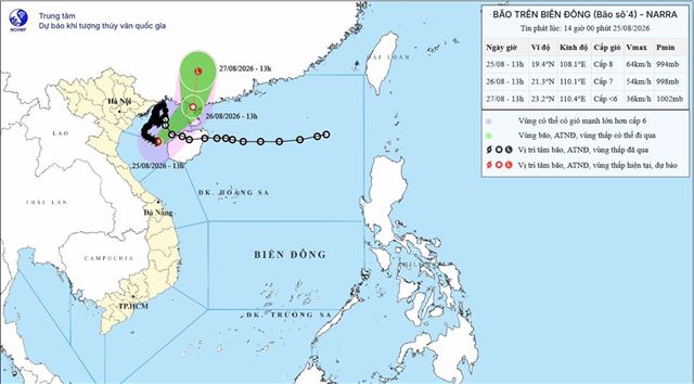 Tin bão trên biển Đông - (Cơn bão số 4) - (Tin phát lúc 14h00 ngày 25/08/2026)