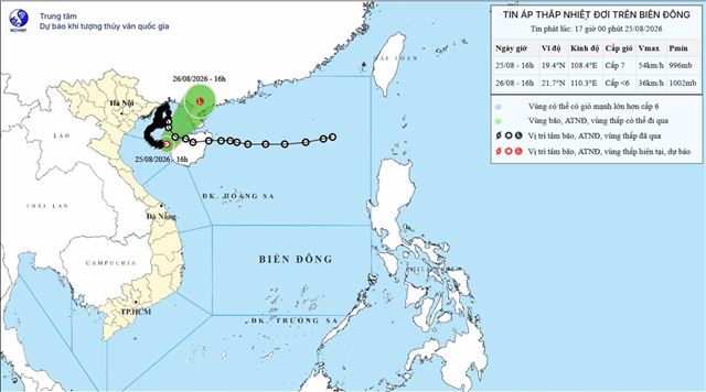 Tin áp thấp nhiệt đới trên biển Đông (suy yếu từ cơn bão số 4) (Tin phát lúc 17h00 ngày 25/8/2026)