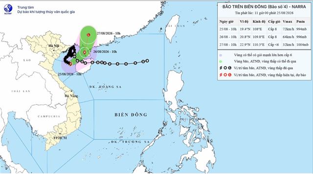 Tin bão trên biển Đông - (Cơn bão số 4)- (Tin phát lúc 11h00 ngày 25/08/2026)