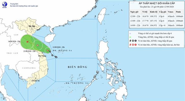 Tin áp thấp nhiệt đới khẩn cấp (Tin phát lúc 23h00 ngày 12/09/2026)