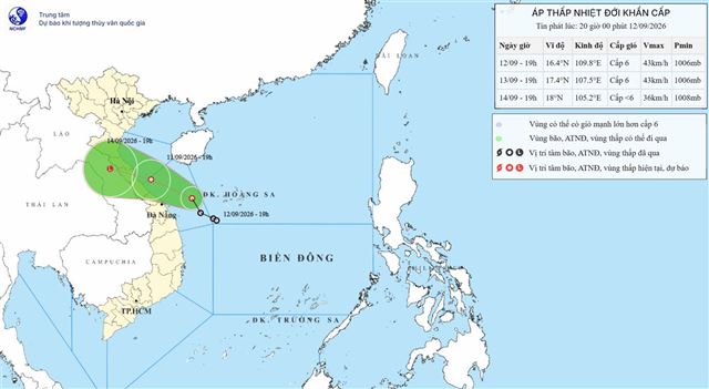 Tin áp thấp nhiệt đới trên biển Đông (Tin phát lúc 20h00 ngày 12/09/2026)