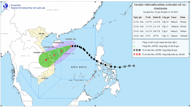 Tin bão trên biển Đông ( Cơn bão số 12 - Tin phát lúc 02h00 ngày 21/10/2025)