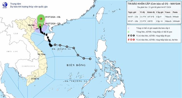 Tin bão trên đất liền (Cơn bão số 01) (Tin phát lúc 23h00 ngày 04/07/2026)