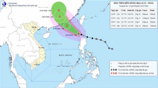 Tin bão trên biển Đông - Cơn bão số 2 (Tin phát lúc 23h00 ngày 24/07/2026)