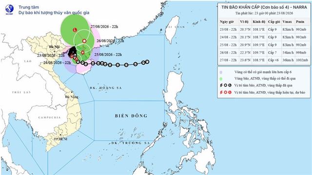 Tin bão khẩn cấp (Cơn bão số 4) (Tin phát lúc 23h00 ngày 23/08/2026)
