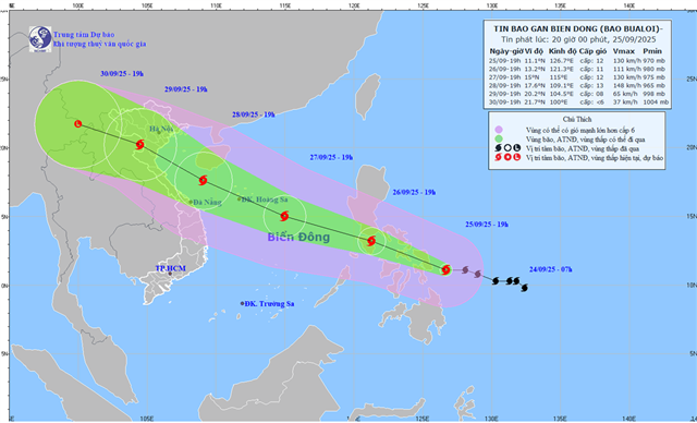 Tin bão gần biển Đông (Cơn bão Bualoi - Tin phát lúc 20h00 ngày 25/09/2025)