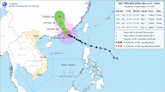 Tin bão trên biển đông ( Cơn bão số 2 ) - (Tin phát lúc 23h00 ngày 25/07/2026)