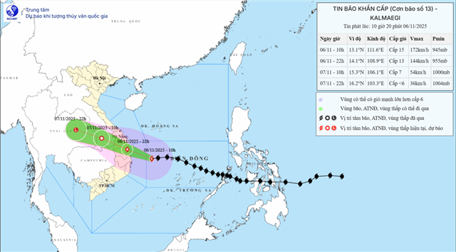 Tin bão khẩn cấp (Cơn bão số 13 - Tin phát lúc 10h20 ngày 06/11/2025)