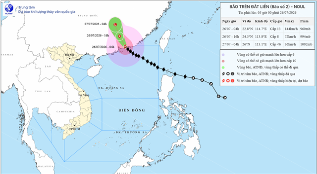 Tin bão trên đất liền - Cơn bão số 2 (Tin phát lúc 05h00 ngày 26/07/2026)