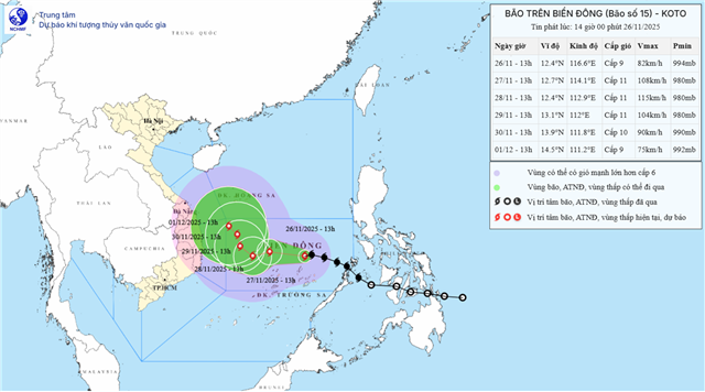 Tin bão trên biển Đông - Cơn bão số 15 (Tin phát lúc 14h00 ngày 26/11/2025)