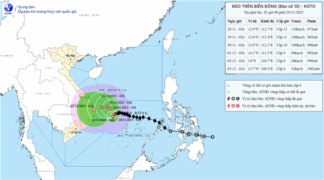 Tin bão trên biển Đông - Cơn bão số 15 (Tin phát lúc 02h00 ngày 28/11/2025)