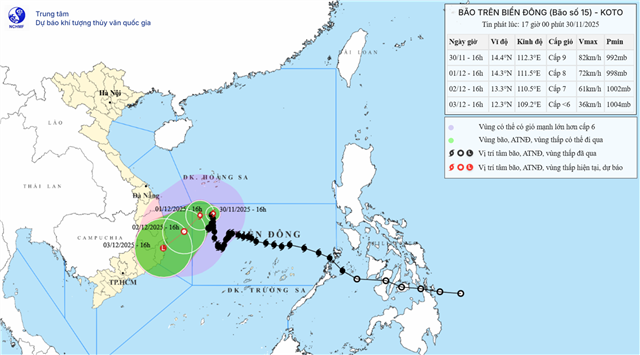 Tin bão trên biển Đông - Cơn bão số 15 (Tin phát lúc 17h00 ngày 30/11/2025)
