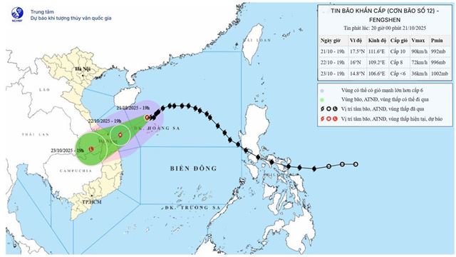 Tin bão khẩn cấp - Cơn bão số 12 (Tin phát lúc 20h00 ngày 21/10/2025)