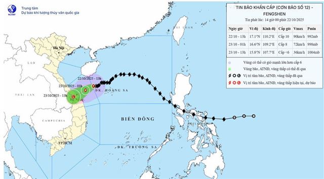 Tin bão khẩn cấp - Cơn bão số 12 (Tin phát lúc 14h00 ngày 22/10/2025)