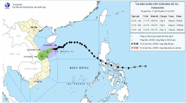 Tin bão khẩn cấp - Cơn bão số 12 (Tin phát lúc 17h00 ngày 22/10/2025)